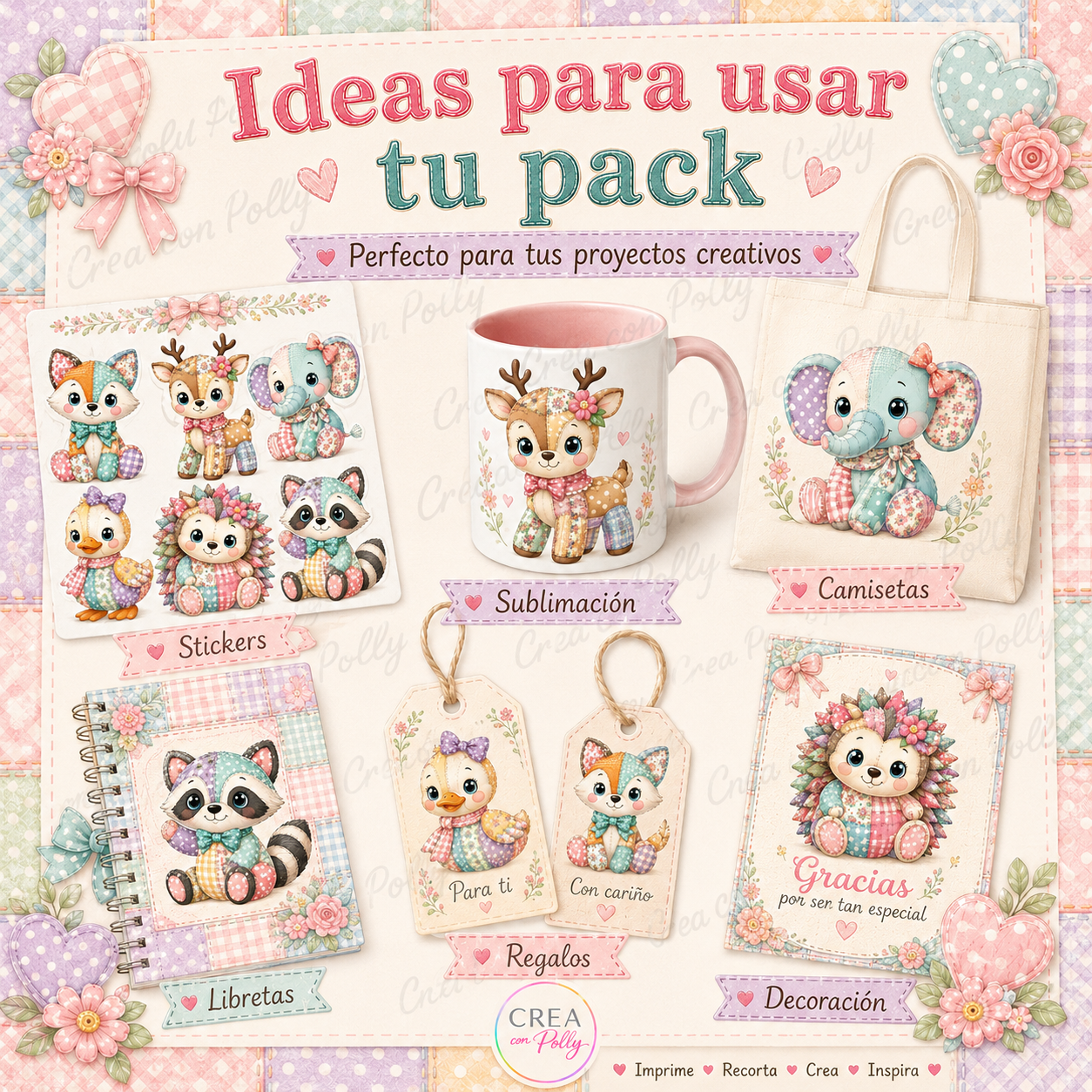 Pack 6 Animalitos Bosque Patchwork Cute | Diseños digitales para manualidades
