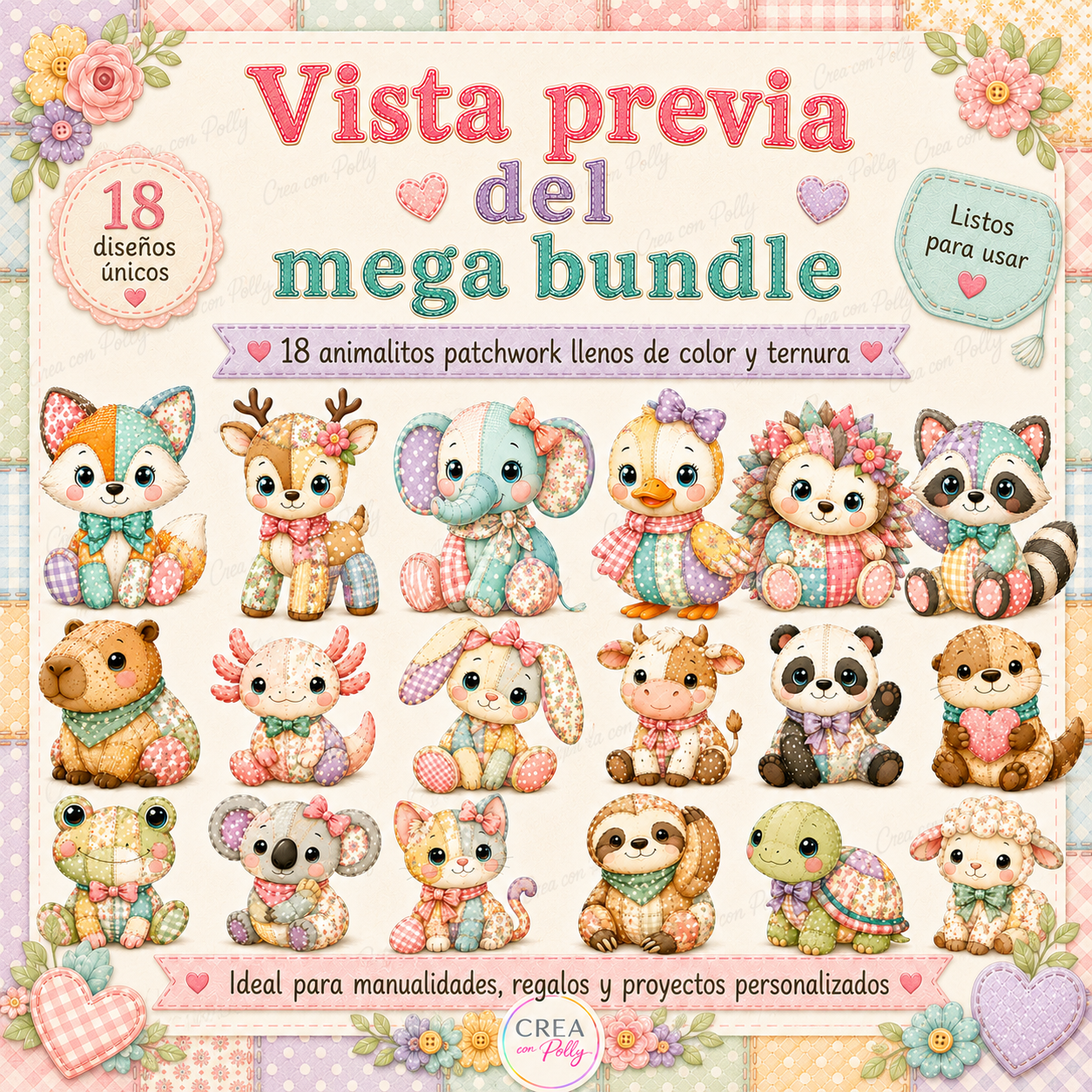 Mega Bundle 18 Animalitos Patchwork Cute | Diseños digitales para manualidades