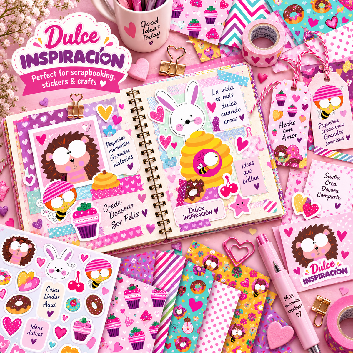 Dulce Inspiración – Digital Paper & Clipart Bundle | 12 Patterns + Kawaii Elements by Lala González