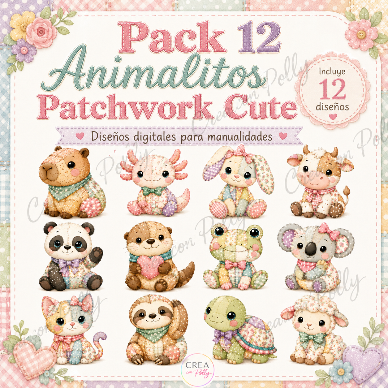 Pack 12 Animalitos Patchwork Cute | Diseños digitales para manualidades