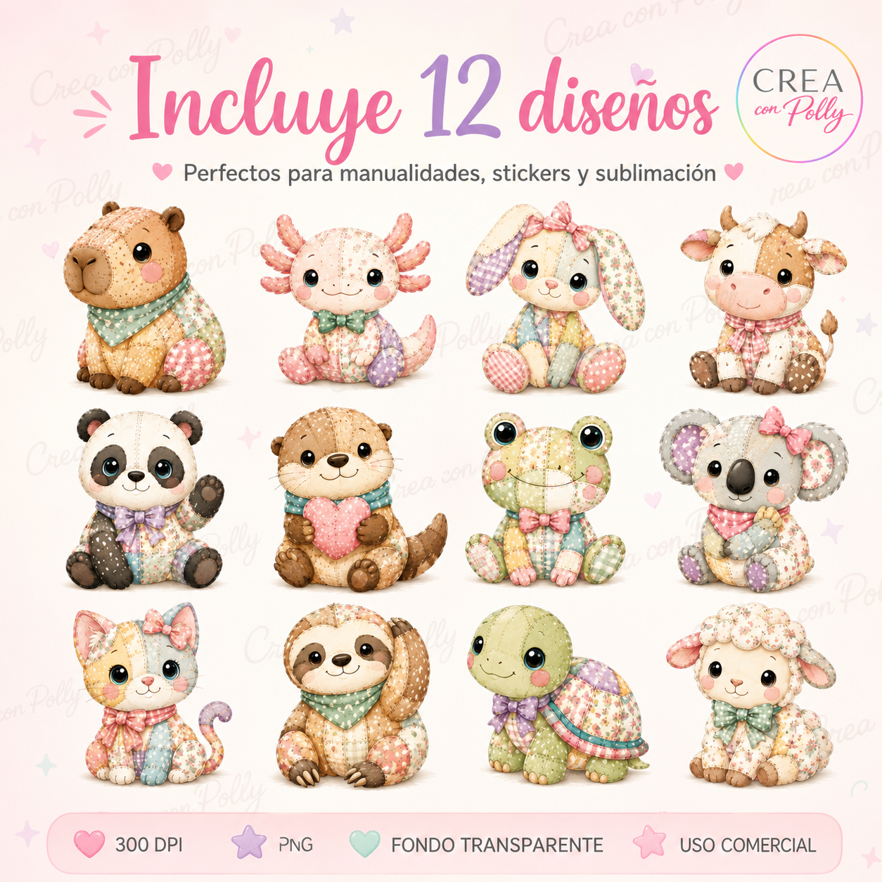 Pack 12 Animalitos Patchwork Cute | Diseños digitales para manualidades