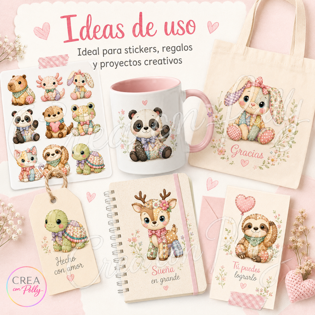 Pack 12 Animalitos Patchwork Cute | Diseños digitales para manualidades