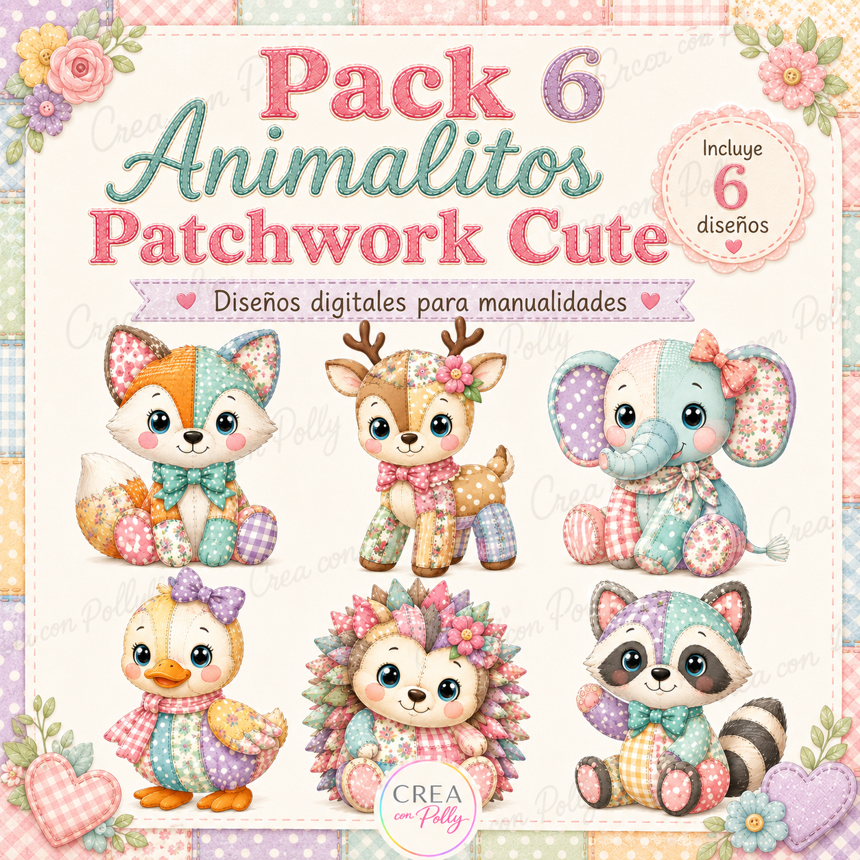 Pack 6 Animalitos Bosque Patchwork Cute | Diseños digitales para manualidades