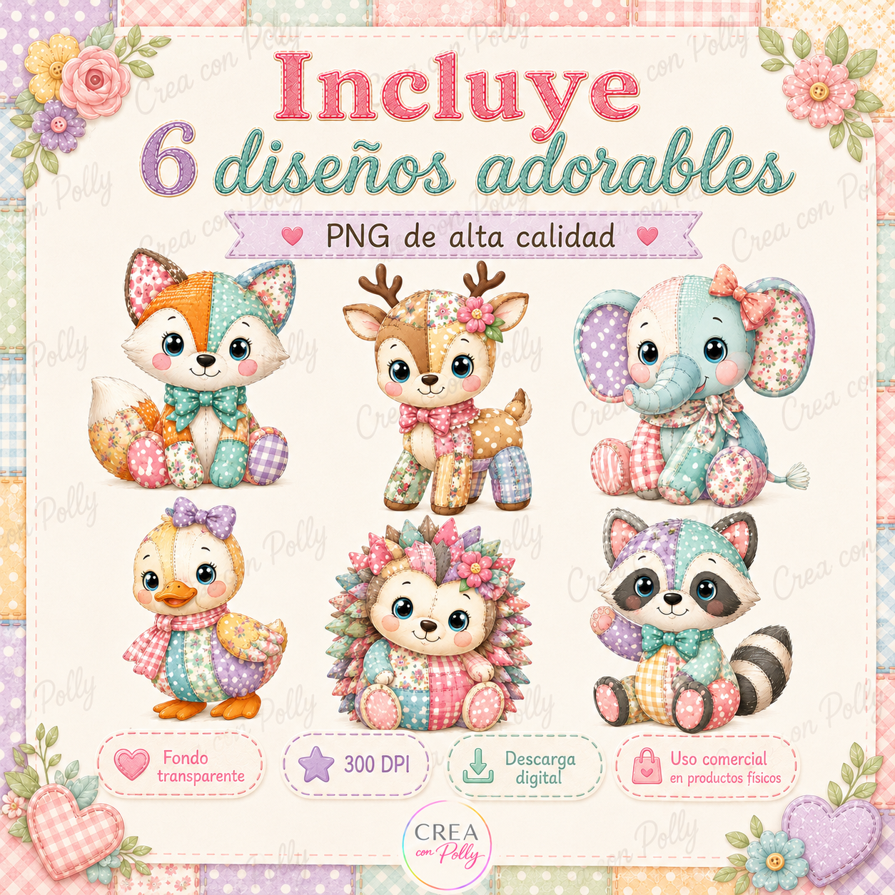 Pack 6 Animalitos Bosque Patchwork Cute | Diseños digitales para manualidades