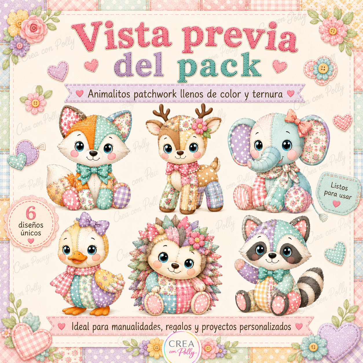 Pack 6 Animalitos Bosque Patchwork Cute | Diseños digitales para manualidades