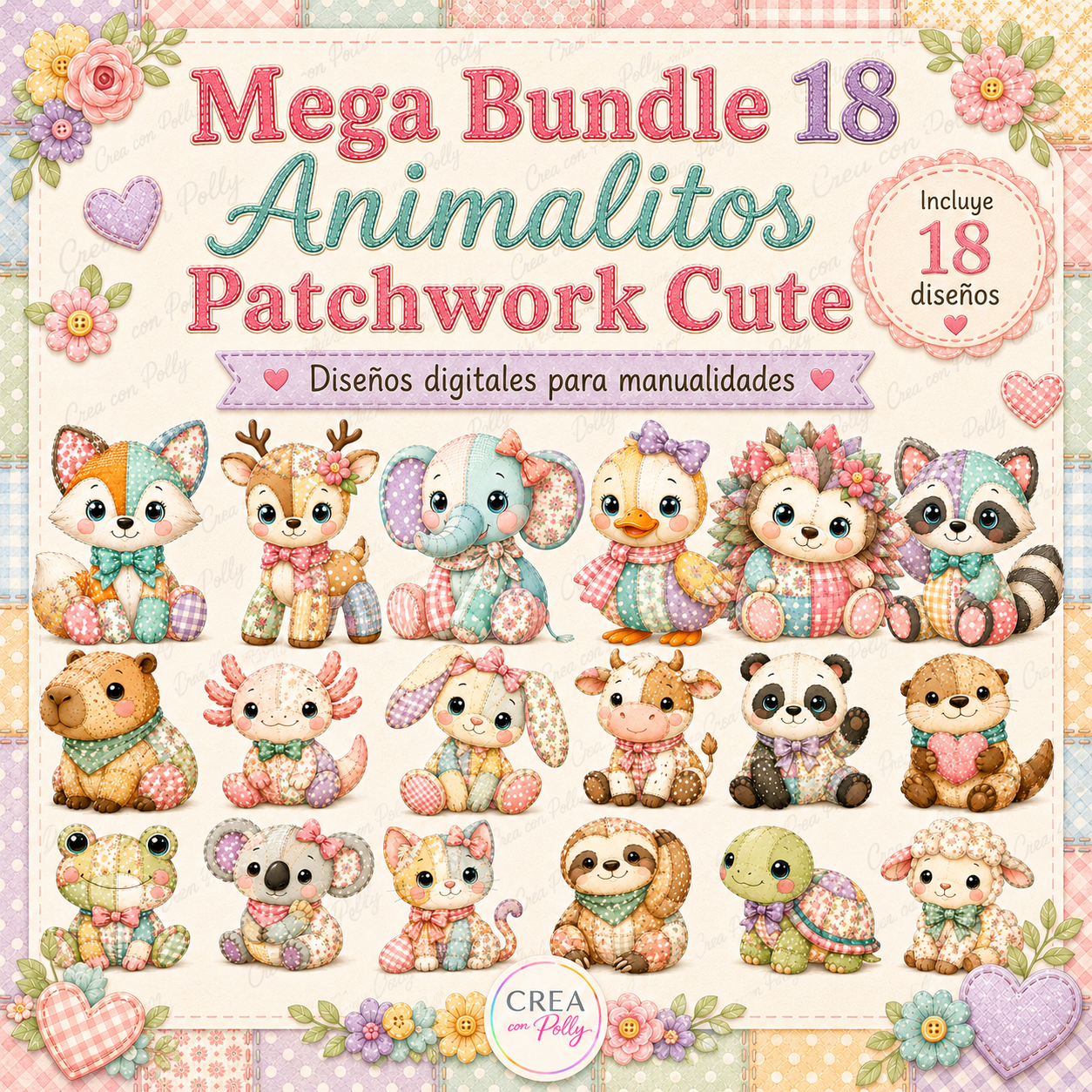 Mega Bundle 18 Animalitos Patchwork Cute | Diseños digitales para manualidades