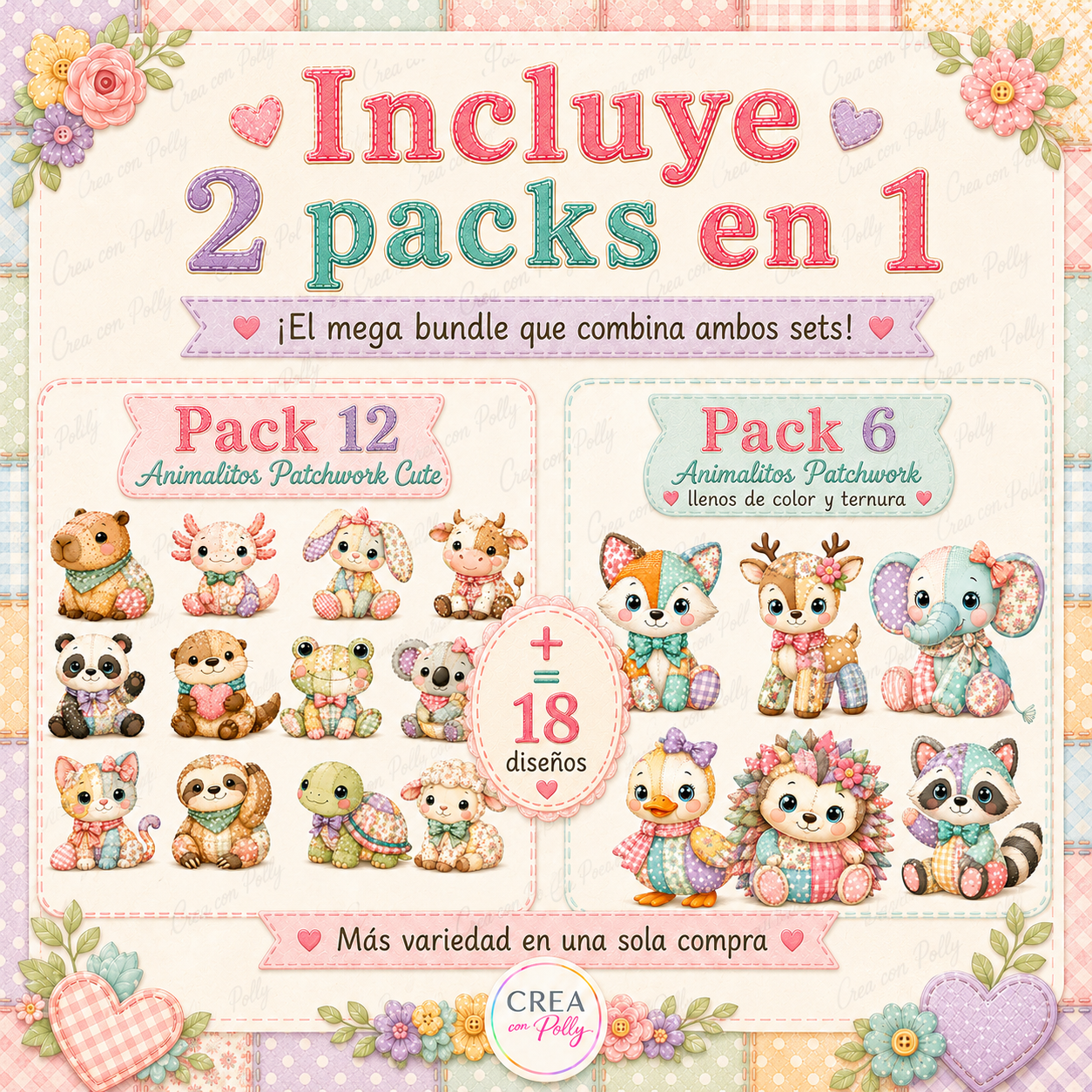 Mega Bundle 18 Animalitos Patchwork Cute | Diseños digitales para manualidades