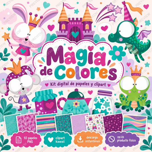 Magia de Colores – Digital Paper & Clipart Bundle | 10 PNG Patterns + Kawaii Elements by Lala González
