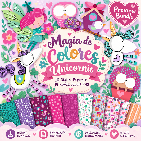 Magia de Colores Unicornio – Digital Paper & Kawaii Clipart Bundle | 10 PNG Papers + 19 Clipart Elements by Lala González