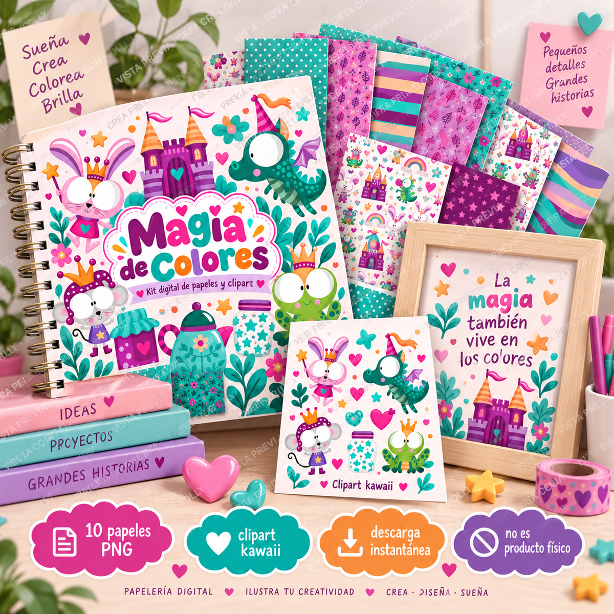 Magia de Colores – Digital Paper & Clipart Bundle | 10 PNG Patterns + Kawaii Elements by Lala González