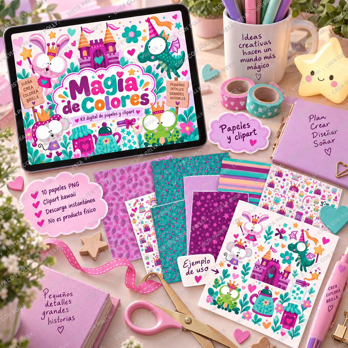 Magia de Colores – Digital Paper & Clipart Bundle | 10 PNG Patterns + Kawaii Elements by Lala González