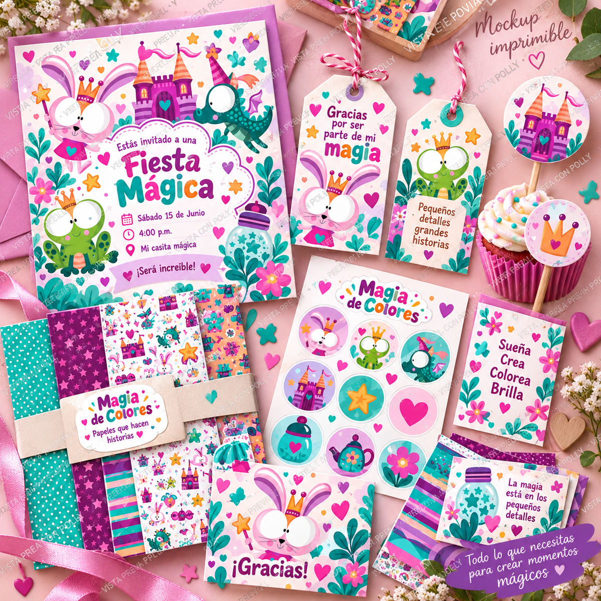 Magia de Colores – Digital Paper & Clipart Bundle | 10 PNG Patterns + Kawaii Elements by Lala González
