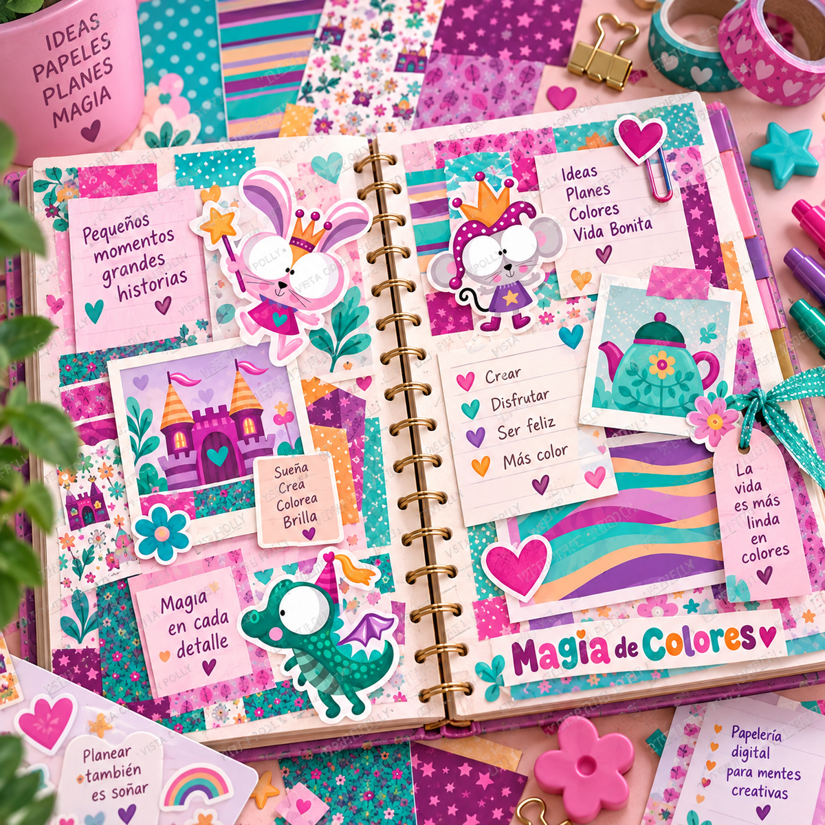Magia de Colores – Digital Paper & Clipart Bundle | 10 PNG Patterns + Kawaii Elements by Lala González