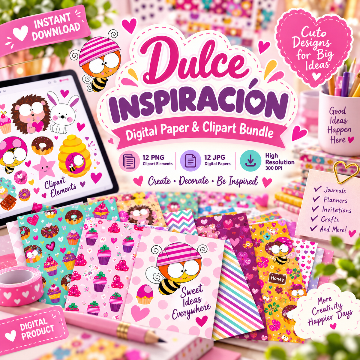 Dulce Inspiración – Digital Paper & Clipart Bundle | 12 Patterns + Kawaii Elements by Lala González