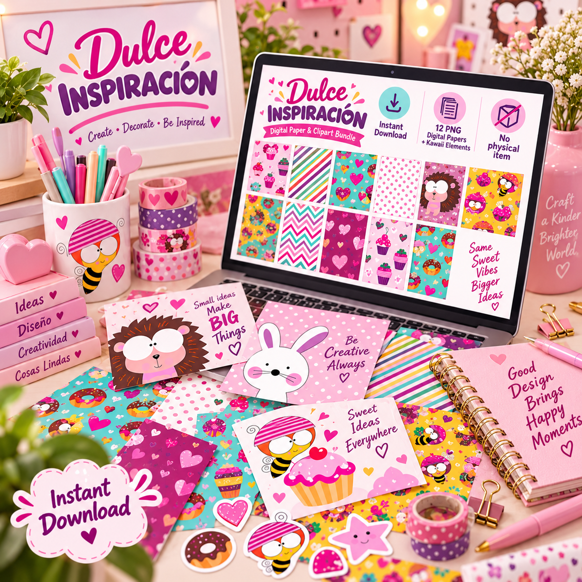 Dulce Inspiración – Digital Paper & Clipart Bundle | 12 Patterns + Kawaii Elements by Lala González