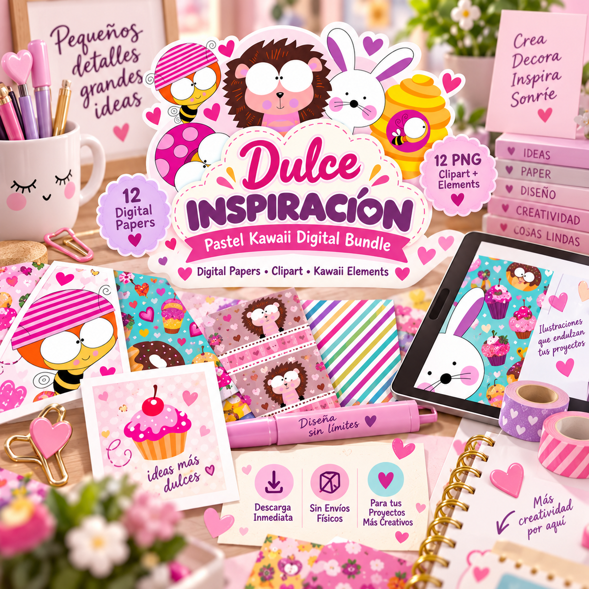 Dulce Inspiración – Digital Paper & Clipart Bundle | 12 Patterns + Kawaii Elements by Lala González